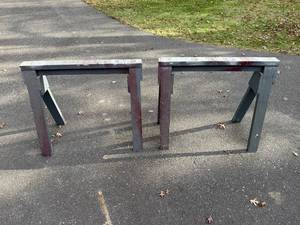 lot 108 image: Pair of Heavy-Duty Wooden Sawhorses with Reinforced Legs