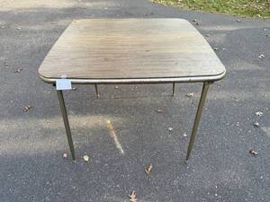 lot 112 image: Vintage Metal and Wood Laminate Square Table 29x35x35 Inches