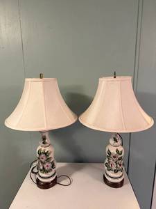 lot 124 image: Pair of Hand-Painted Floral Table Lamps with Shades