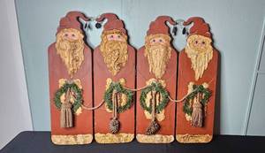 lot 128 image: Handcrafted Wood Christmas Santa Wall Hanging Decoration Set, 30 Inch Height