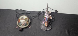 lot 129 image: VTG Stained Glass Turtle and Fish Accent Table Lamps