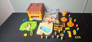 lot 150 image: Vintage Fisher-Price Little People Playset Fire Station Lot with Figures and Accessories