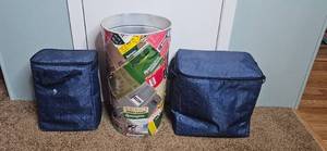 lot 165 image: Lot of Blue Soft-Sided Cooler Bags and Decorative Metal Trash Can