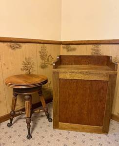 lot 167 image: Antique Oak Music Cabinet and Adjustable Piano Stool with Claw Feet