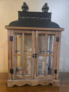 lot 172 image: Wood and Metal Lantern with Birch Effect LED Candles, 21 Inch Tall
