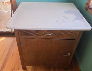 lot 194 image: Vintage Wood Kitchen Cabinet with Metal Top and Drawer 30x27x22 in