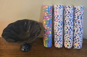 lot 201 image: Vintage Metal Pedestal Bowl and Set of 4 Wrapped Party Paper Rolls