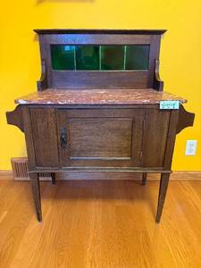 lot 209 image: Antique Oak Washstand with Marble Top and Green Glass Accent