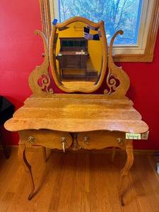 lot 210 image: Antique Oak Vanity with Mirror and Drawers, 55x36x19 Inches