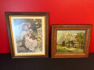 lot 214 image: Pair of Framed Vintage Prints Girl with Cats and Alpine Village Scene