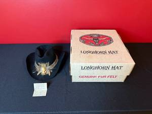 lot 217 image: GORGEOUS Longhorn Hat Co. Genuine Fur Felt Cowboy Hat with Rattlesnake and Feather Decor, Size 7 18