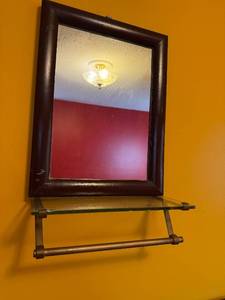 lot 221 image: Wall-Mounted Wood Framed Mirror with Glass Shelf and Towel Bar