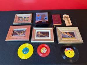 lot 230 image: Eclectic Vintage Collection with Framed Pin-Up Art, Mass Book, Records, and Accessories