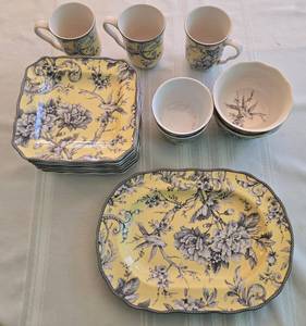 lot 233 image: 222 Fifth Adelaide Yellow Porcelain Dinnerware Set with Bird Floral Design