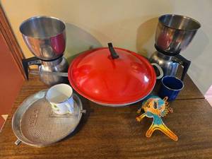 lot 239 image: Mixed Lot of Vintage Aluminum Coffee Pots, Red Lidded Pan, Cups, Tray and Decorative Figure