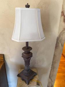lot 247 image: Decorative Table Lamp with Ornate Base and White Shade, 27 Inches Tall