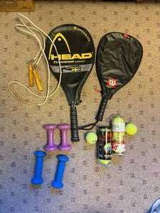 lot 248 image: Tennis and Fitness Lot 2 Tennis Rackets, Covers, Balls, Dumbbells and Jump Rope