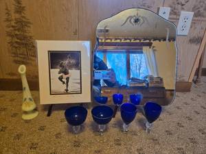 lot 250 image: Decorative Vanity Mirror, Framed Art Print, Vase, and Set of 4 Blue Stem Glasses