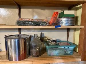 lot 263 image: Assorted Crafting and Sewing Supplies with Large Metal Pot and Glass Jug