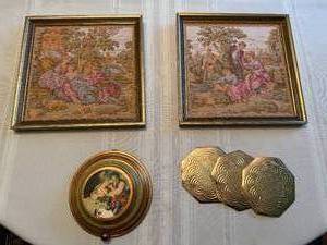 lot 269 image: Vintage Wall Art Collection with Tapestries, Round Plaque, and Brass Coasters