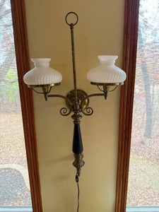 lot 275 image: Vintage Double Arm Wall Sconce with Brass and White Glass Shades