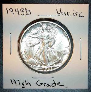 lot 9 image: Uncirculated 1943 D Walking Liberty Half Dollar, Original Surfaces wFull Mint Luster