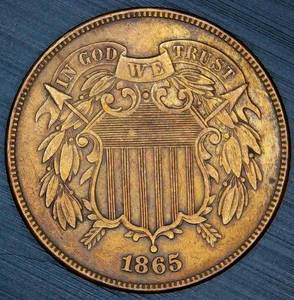 lot 7 image: AU 1865 2 Cent Piece, Fancy Five, Reverse Die Crack, Original Surfaces