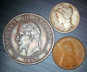 lot 11 image: (3) Coins - Rainbow Toned High Grade French 1863 BB Dix Centimes, Semi-Key 1926 S Penny & XF Merc Dime