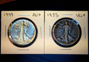 lot 29 image: AU 1943 & VG 1935 Walking Liberty Half Dollars, Original Surfaces