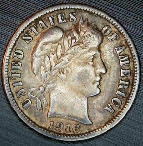 lot 31 image: Beautifully Toned XF 1916 S Silver Barber Dime, Original Surfaces