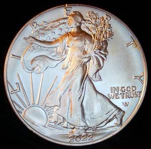 lot 35 image: BU 2022 1oz American Silver Eagle, stained reverse