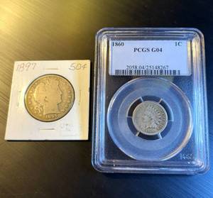 lot 21 image: PCGS G4 1860 Indianhead & 1897 Barber Half Dollar Coins