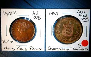 lot 36 image: Lightly Circulated Tougher Find British Coins - 1901 H Hong Kong Penny & 1947 Guernesey 8 Doubles