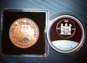 lot 39 image: Proof Clad Fiji 2019 Apollo 11 Dollar & Near Uncirculated Coneva KY Coal Scrip