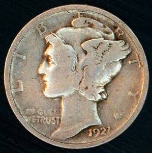 lot 40 image: Key Date 1921 Mercury Dime, cleaned