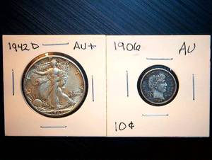 lot 41 image: AUAU 1942 Walking Liberty Half Dollar wOrig Surfaces & AU 1906 Barber Dime cleaned & retoned