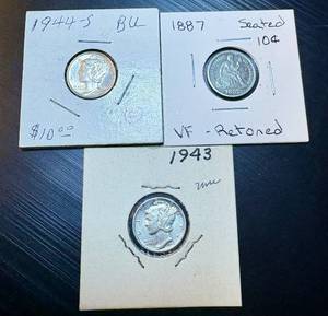 lot 50 image: AU 1944 S, VF 1887 Seated Liberty (retoned) & , XF 1943 Mercury Dimes