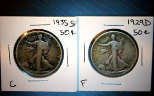 lot 48 image: 1929 D & 1935 S Walking Liberty Half Dollars, Original Surfaces