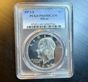lot 52 image: PCGS PR69DCAM 1973 S Eisenhower 40% Silver Dollar