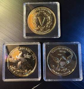 lot 64 image: (3) Proof gold plated 1oz Copper Rounds