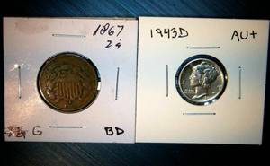 lot 79 image: 1867 2 Cent Piece & AU 1943 D Mercury Dime