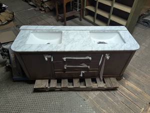 lot 3 image: Collette 60 in. Double Sink Cinnamon Oak Bath Vanity with White Carrara Marble Top (Defect On Top See Images)