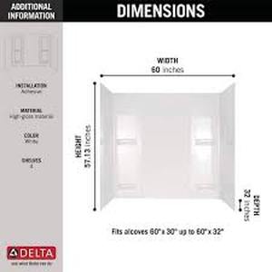 lot 14 image: Delta Pro-Series 60 in. W x 57 in. H Five Piece Glue Up Bathtub Surrounds in High Gloss White