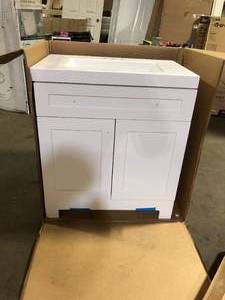 lot 15 image: Glacier Bay Everdean 31 in. Single Sink White Bath Vanity with White Cultured Marble Top (Assembled)  Customer Returns See Pictures