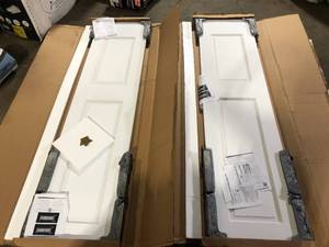 lot 46 image: Lot of Alexandria Moulding 20 in. x 80 in. x 1-38 in. 2-Panel Raised Square Top, Ovolo Sticking, Full and Square, Primed Wood Door Slab  Customer Returns See Pictures