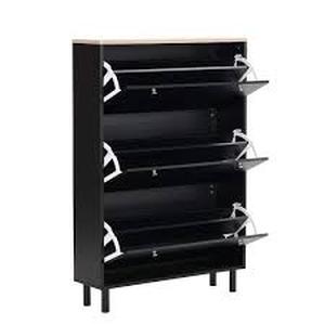 lot 17 image: Harper & Bright Designs 47.6 in. H x 31.5 in. W Black Shoe Storage Cabinet with Wood Grain Pattern Top, Flip Drawers, Hooks and Adjustable Panel   Customer Returns See Pictures