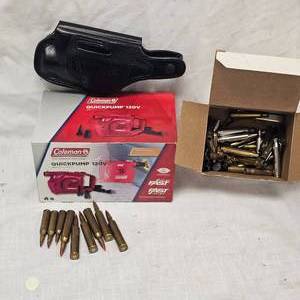 lot 19 image: Leather Handgun Holster, Like New, Air Pump, Misc Brass