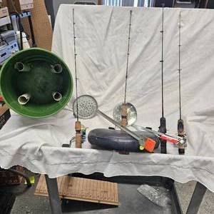 lot 9 image: Ice Fishing Package(bucket, 4 poles, etc)