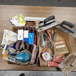 lot 190 image: Makita Sander, Sanding Belts, Discs, Trowels, Tape Measure, Misc Tools