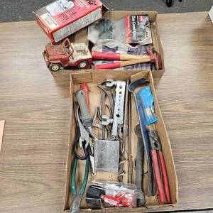 lot 191 image: Misc Tools, Pliers, Crowbar, Pair of Knife Steels, Etc
